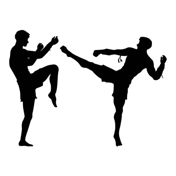 Silhueta Dois Homens Lutando Muay Thai Thai Boxe Vector — Vetor de Stock