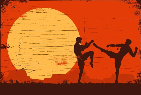 两名男子战斗泰拳或泰拳的剪影 — 图库矢量图片