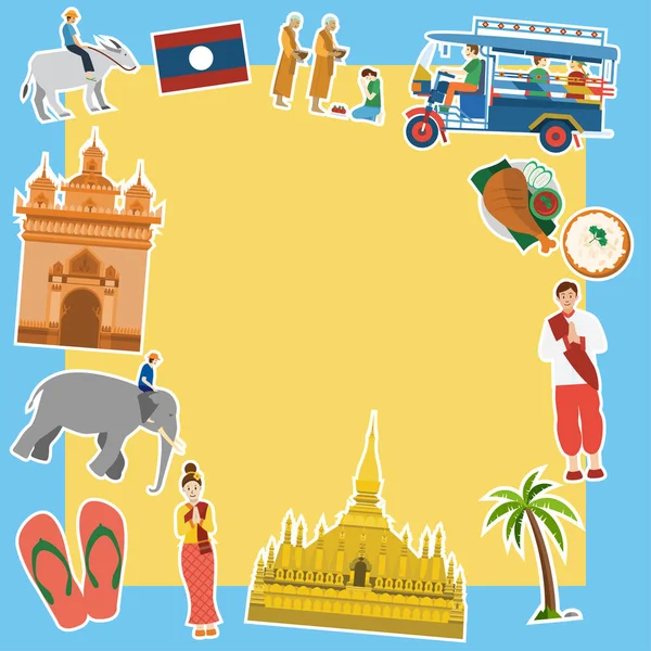 Laos seyahat simgeleri. Düz tasarım tarzı. Resim Wat Phra That Luang, Vientiane Patuxay anıt ve Laos geleneksel kostüm.