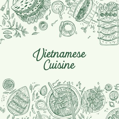 Üstten görünüm geleneksel Vietnam yemekleri, vektör çizim el çekilmiş