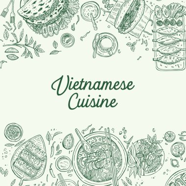 Hand drawn top view traditional Vietnamese food, Vector Illustration clipart
