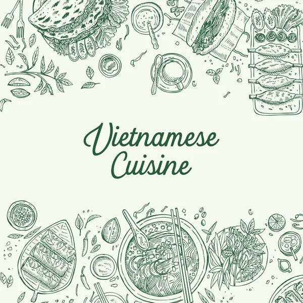 Dessiné Main Vue Dessus Nourriture Traditionnelle Vietnamienne Illustration Vectorielle — Image vectorielle