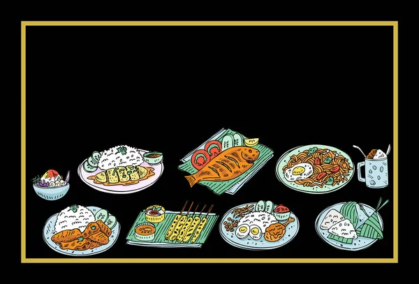 Handgezeichnetes Malaiisches Essen Auf Einer Tafel Draufsicht Asiatisches Essen Hintergrund — Stockvektor