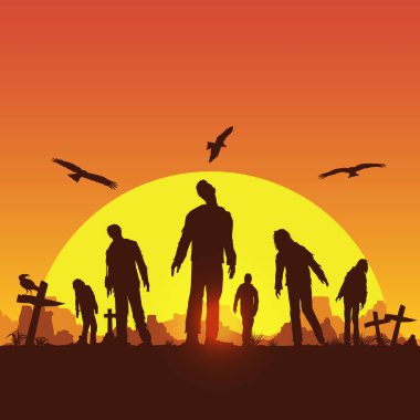 Cadılar Bayramı poster, siluet vektör çizim mezarlıkta yürürken zombi