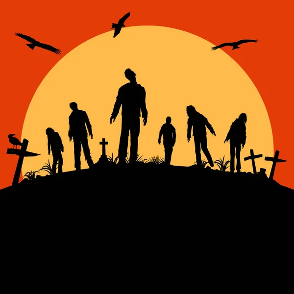 Cartel Halloween Silueta Zombies Caminando Por Cementerio Vector Illustration — Vector de stock