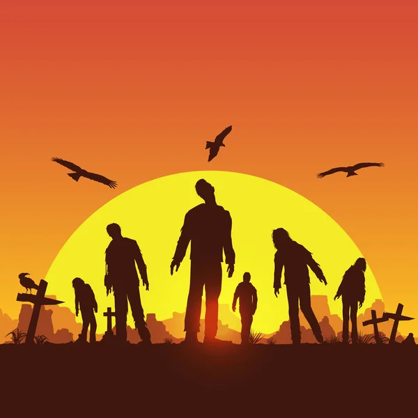 Cartel Halloween Silueta Zombies Caminando Por Cementerio Vector Illustration — Vector de stock