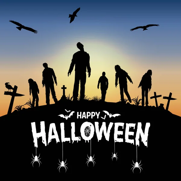 Cartaz Halloween Silhueta Zumbis Andando Cemitério Ilustração Vetorial —  Vetores de Stock