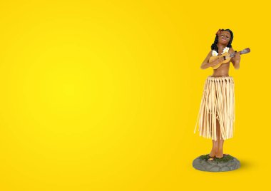 Hawaii 'li hula kızı sarı arka planda ukulele çalıyor..
