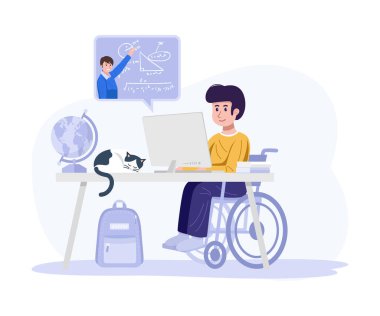 Evde eğitim kavramı. Özürlü çocuk bilgisayarla evden öğreniyor. Vektör