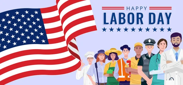 幸せな労働者の日 アメリカ国旗を掲揚する職業も様々である ベクトル — ストックベクタ