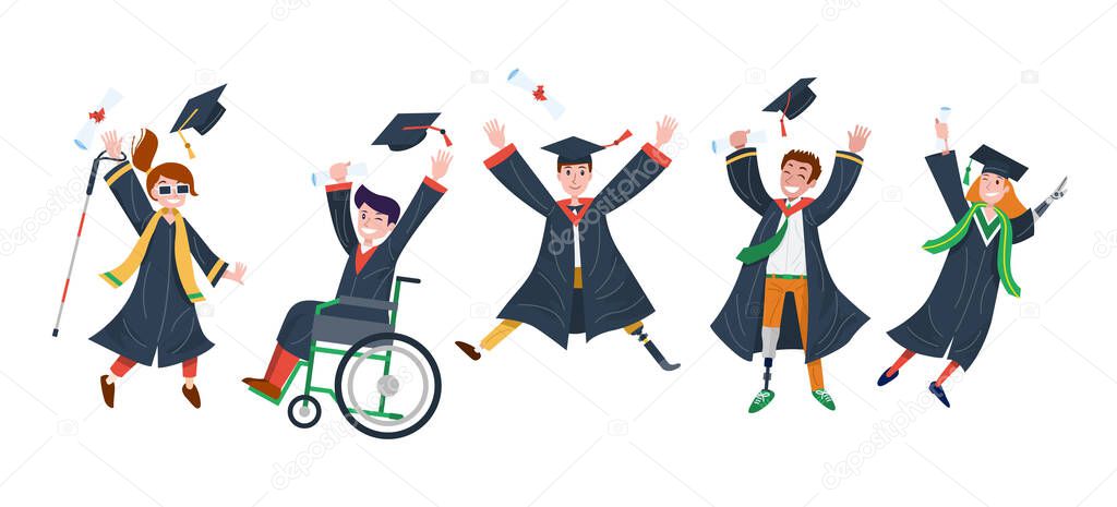 Happy disables students in different sex and nationalities jumping with joy. Vector Illustration