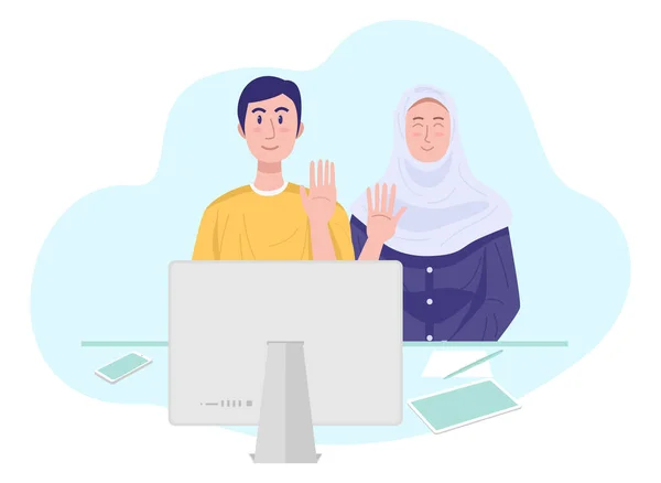 Ilustrace Mladého Muslimského Páru Který Video Chat Přáteli Vektor — Stockový vektor
