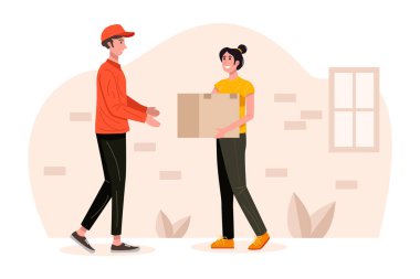 Teslimatçı genç bayandan bir paket almış. Vektör
