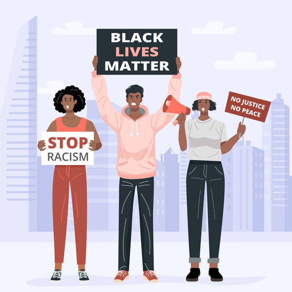 Flat design concept, Black Lives Matter protesters holding placards. Vector