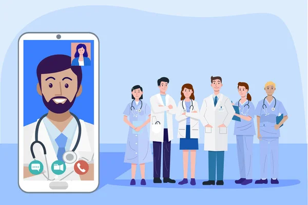 デジタルヘルスの概念 オンライン患者を相談するためのスマートフォンを使用して医師や看護師のイラスト ベクトル — ストックベクタ