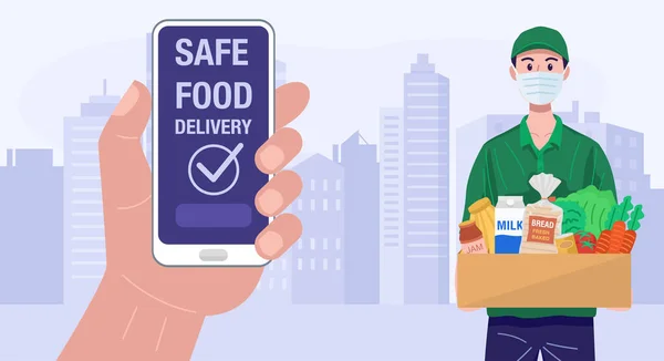 Mão Segurando Smartphone Com Aplicativo Entrega Alimentos Vetor — Vetor de Stock
