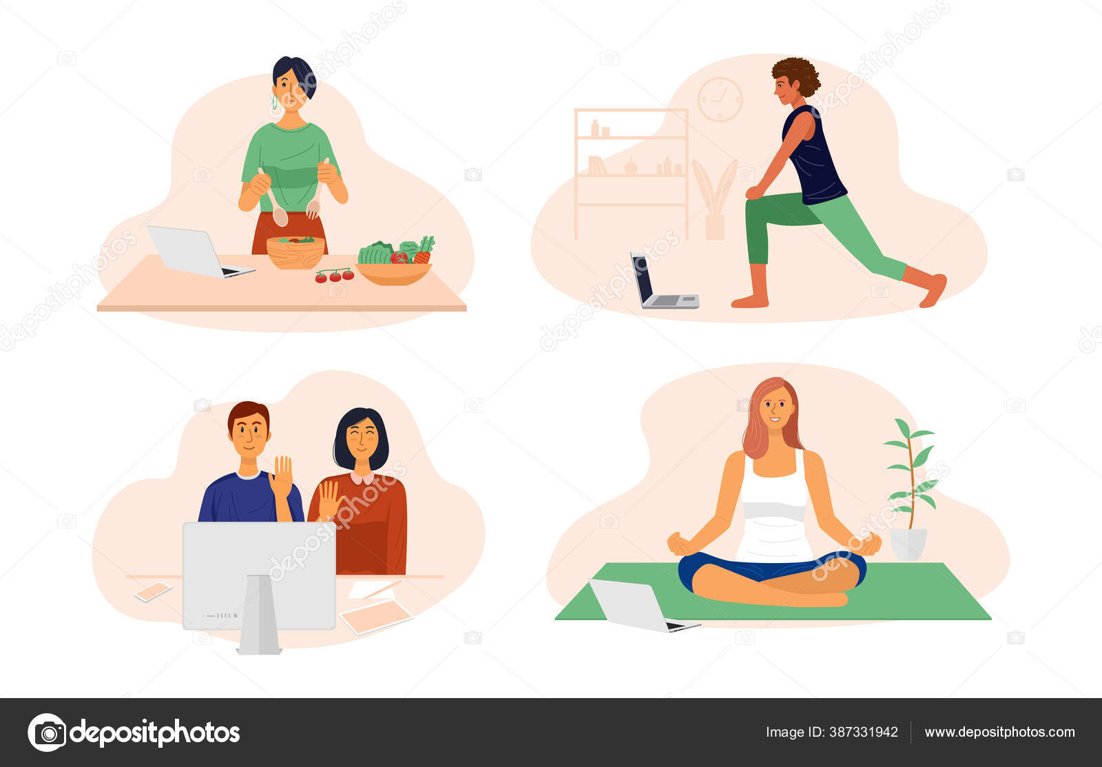 Video Conference Illustration People Cooking Doing Exercise Yoga Chatting  Friends Stock Vector Image by ©rexandpan #387331942