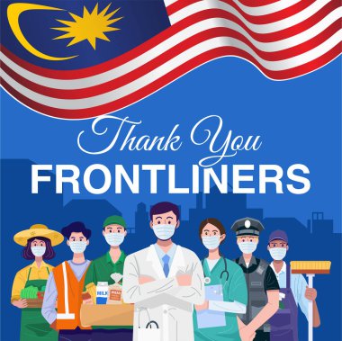 Cepheye teşekkürler. Malezya bayrağıyla ayakta duran çeşitli işgalciler. Vektör