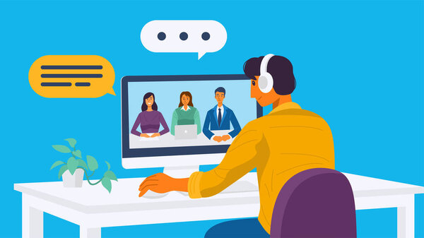 Working Home Concept Young Man Having Video Conference His Colleagues — Stock Vector