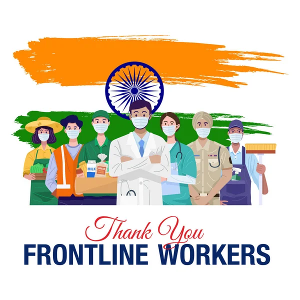 現場作業員の皆さんありがとうございました インドの国旗を掲げる様々な職業 ベクトル — ストックベクタ