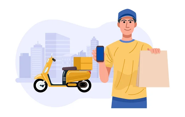 Delivery Man Smartphone Holding Paper Bag Vector — Stock Vector