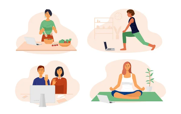 Ilustración Videoconferencia Personas Cocinando Haciendo Ejercicio Yoga Charlando Con Amigos — Archivo Imágenes Vectoriales