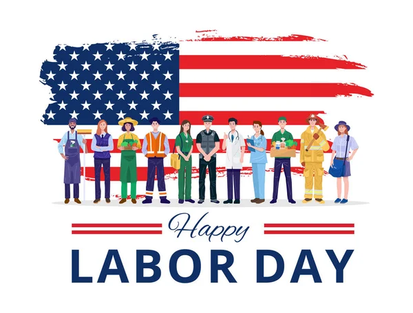 Buon Labor Day Varie Occupazioni Persone Piedi Con Bandiera Americana — Vettoriale Stock