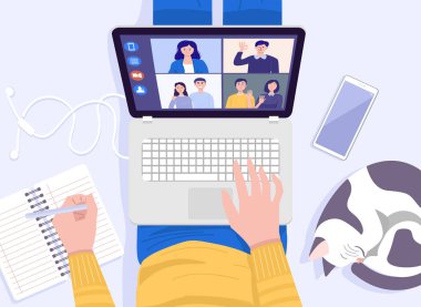 Ev kavramından çalış. Genç adamın yerde oturup evdeki video konferansında dizüstü bilgisayarını kullanışının en üst görüntüsü. Vektör