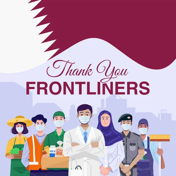 Gracias Primera Línea Varias Ocupaciones Personas Pie Con Bandera Qatar — Vector de stock