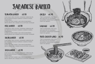 Klasik yemek taslağı, elle çizilmiş Japon ramen menüsü, vektör.