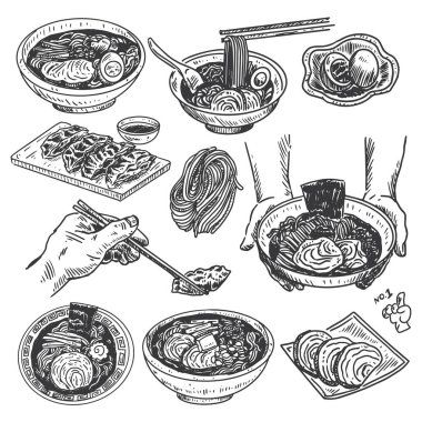 Klasik yemek taslağı, elle çizilmiş Japon ramen menüsü, vektör.