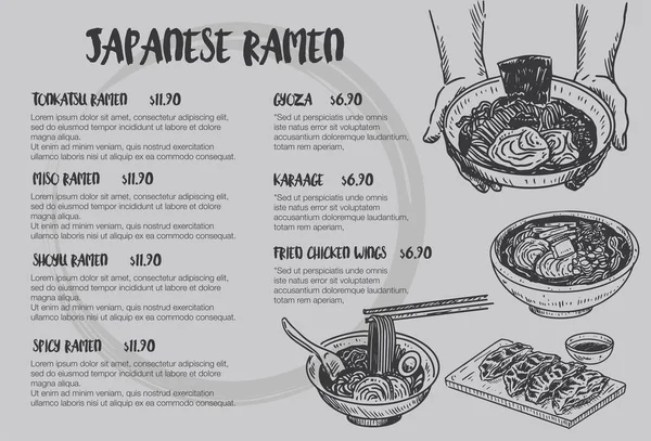 Ročník Potravin Skica Ručně Kreslené Japonské Ramen Menu Vektor — Stockový vektor