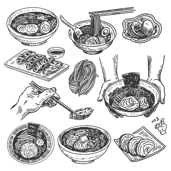 Vintage Food Sketch Menù Giapponese Ramen Disegnato Mano Vector — Vettoriale Stock