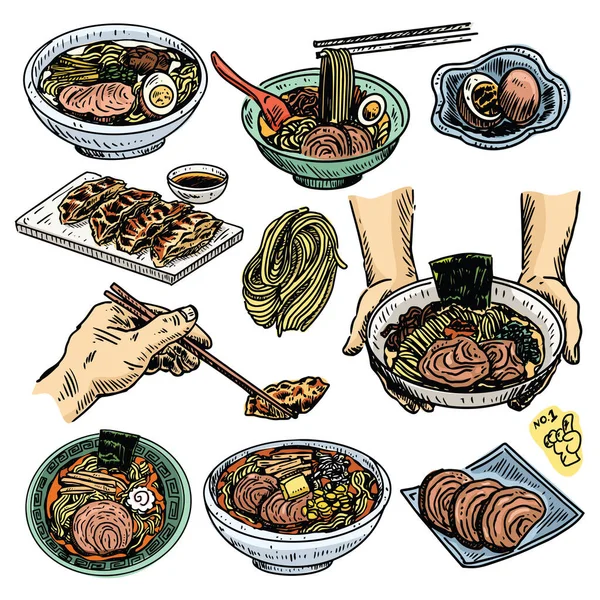 古色古香的食物素描 手工绘制的日本拉面菜单 — 图库矢量图片