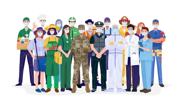Βασικοί Εργάτες Διάφορα Επαγγέλματα Άνθρωποι Που Φοράνε Μάσκες Προσώπου Διάνυσμα — Διανυσματικό Αρχείο