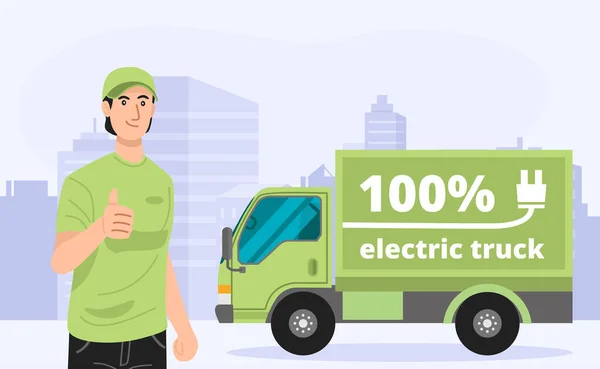 Illustrazione Camion Elettrico Verde Con Fattorino Vettore — Vettoriale Stock