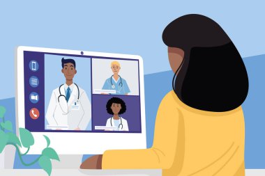 Evde video konferansı, yakın plan Afrikalı genç bir kadının evde doktorlarla görüntülü görüşme yapması. Vektör
