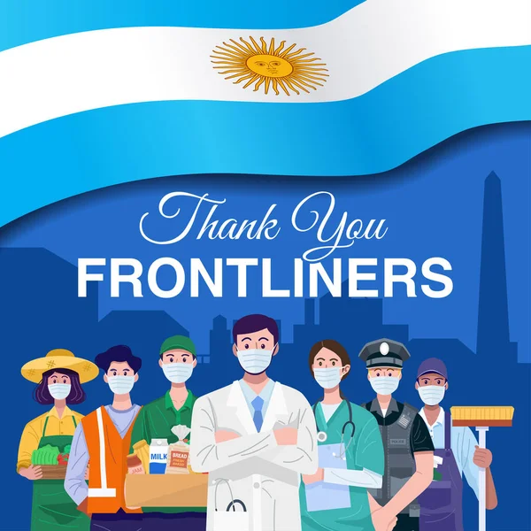 Thank you frontliners. Various occupations people standing with flag of Argentina. Vector