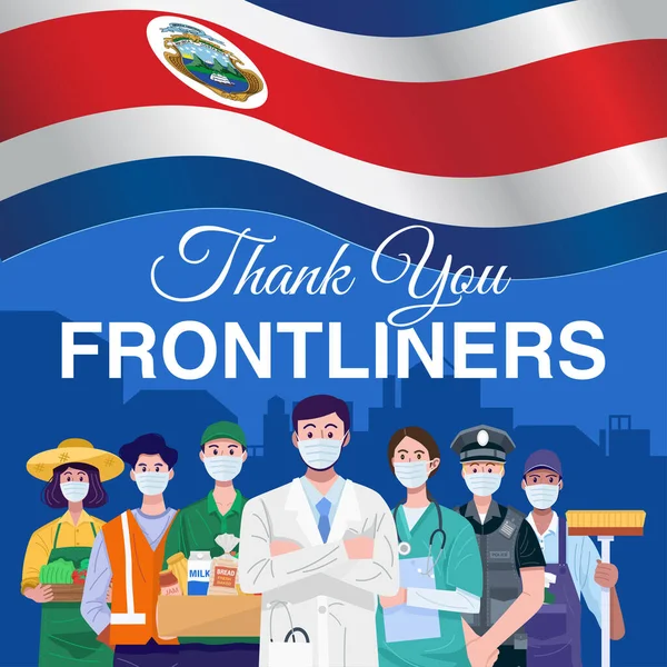 Thank you frontliners. Various occupations people standing with flag of Costa Rica. Vector