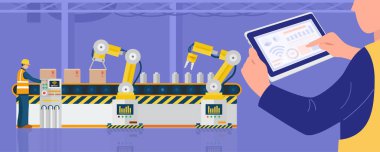 Sanayi 4.0 konsepti, fabrikada endüstriyel robotik silah kullanan işçiler. Vektör