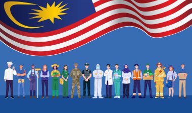 Mutlu İşçi Bayramı. Malezya bayrağıyla ayakta duran çeşitli işgalciler. Vektör