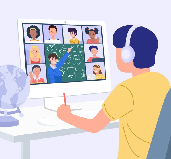 家庭教育概念 一个男孩在家里用电脑学习 — 图库矢量图片