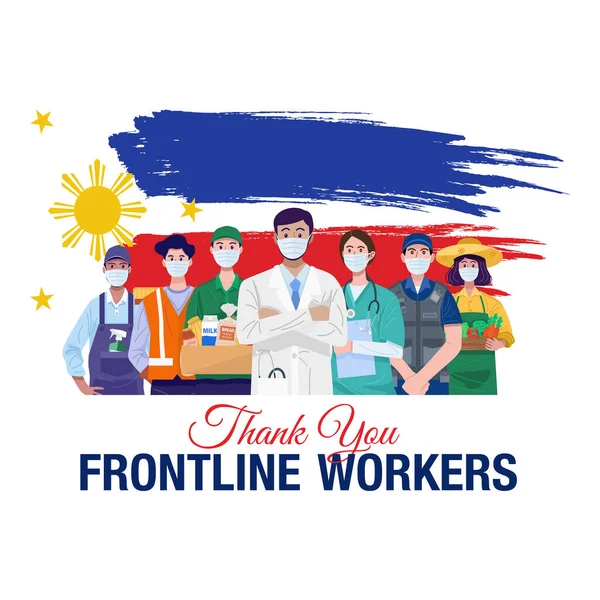 現場作業員の皆さんありがとうございました フィリピンの国旗を掲げて立ち上がる様々な職業 ベクトル — ストックベクタ