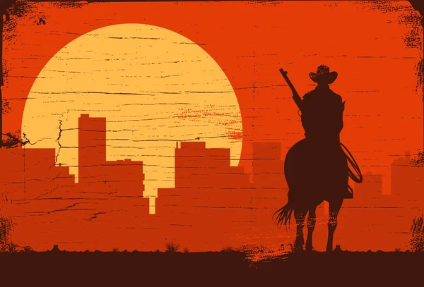 Silhueta Cowboy Solitário Equitação Cavalo Pôr Sol Com Edifícios Cidade — Vetor de Stock
