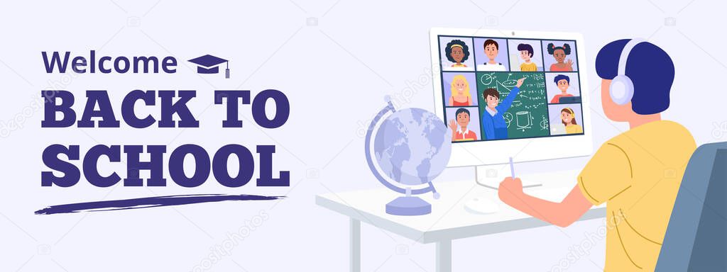 Back to school concept. A boy learning with computer at home. Vector