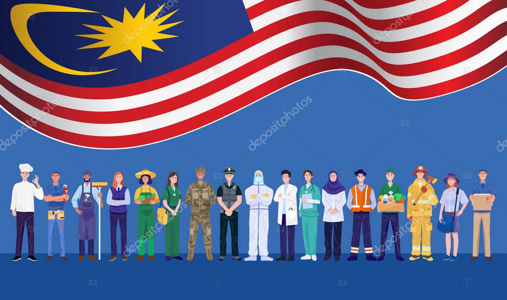Happy Labor Day Various Occupations People Standing With Malaysia Flag Vector Premium Vector In Adobe Illustrator Ai Ai Format Encapsulated Postscript Eps Eps Format