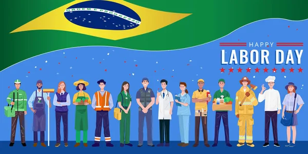 Happy Labor Day Verschiedene Berufe Menschen Stehen Mit Brasilien Flagge — Stockvektor