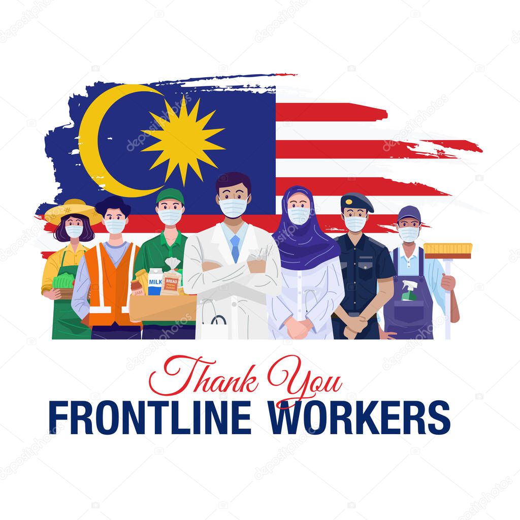 Thank you frontline workers. Various occupations people standing with flag of Malaysia. Vector