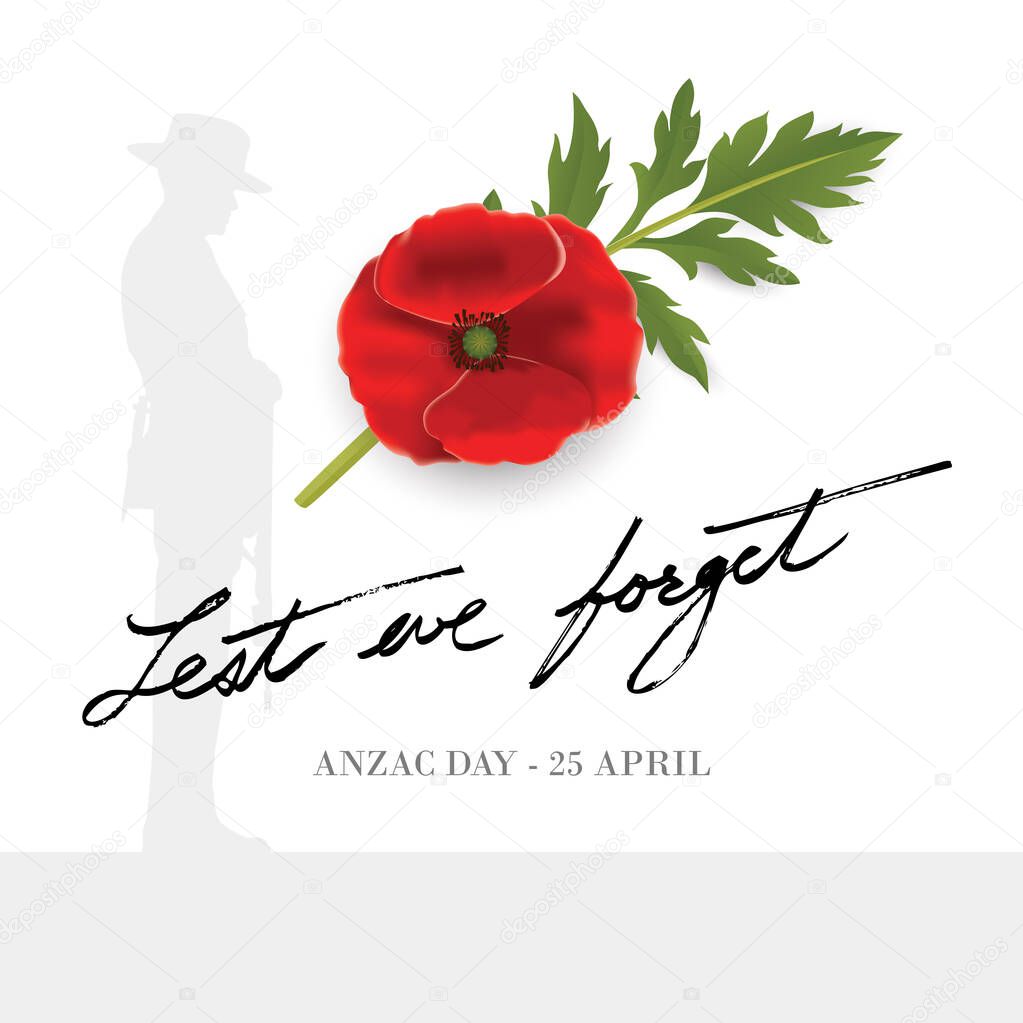 Anzac Day Banner with silhouette of soldier paying tribute and poppy flower, Vector