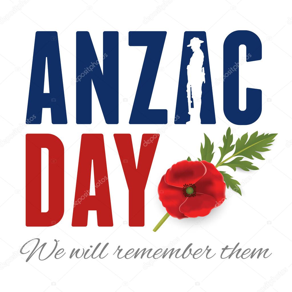 Anzac Day Banner with silhouette of soldier paying tribute and poppy flower, Vector